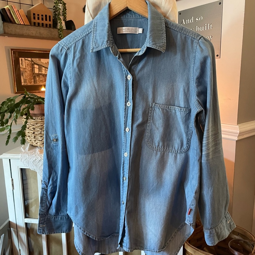 Seafolly blue denim button shirt with shaded pocket, size small.